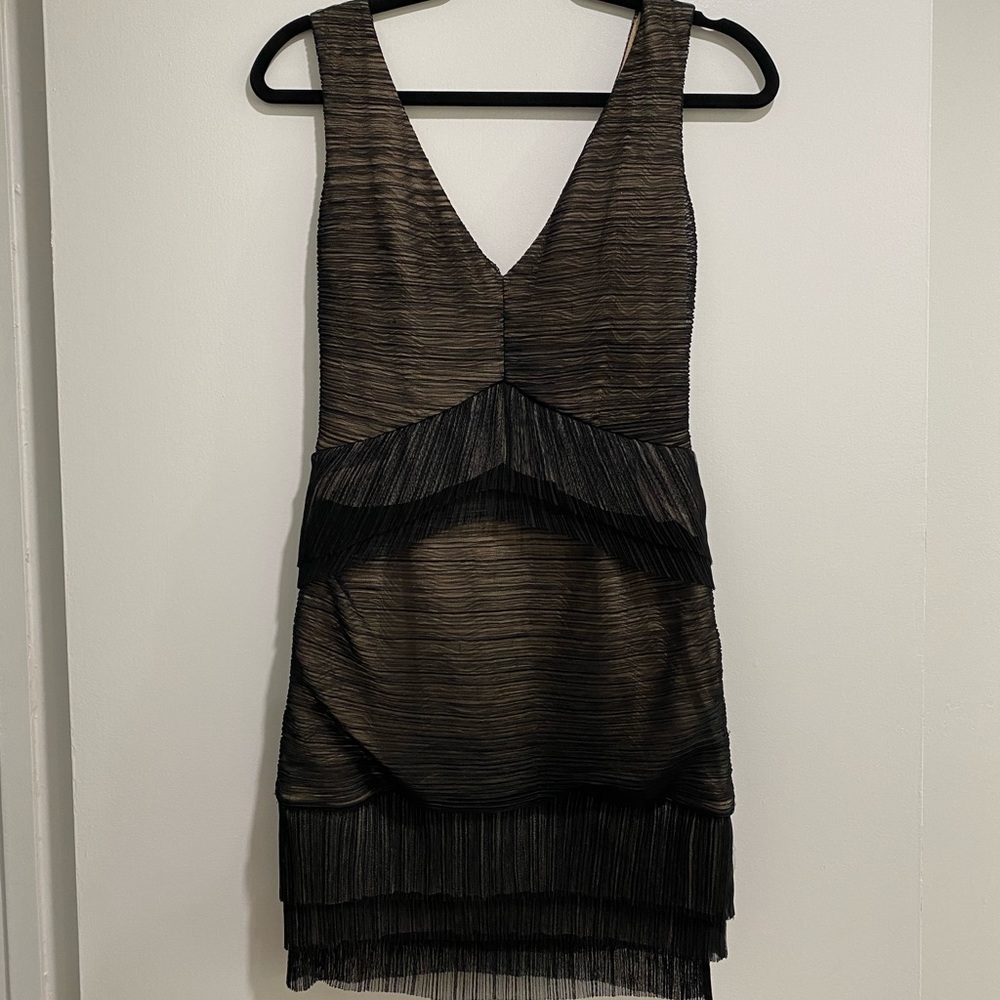 BCBG mini ruched play dress in black mesh w/ nude